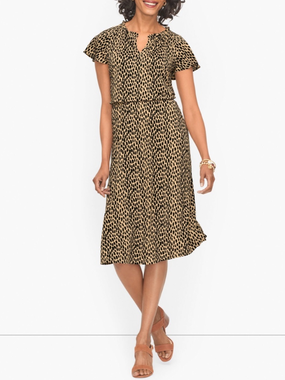 Leopard Print Dress Short Sleeve Ruffle Neck Midi Casual Size L Talbots